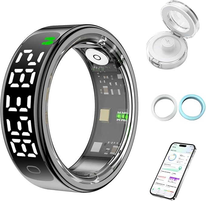 Smart Health Ring for Women Men, Smart Ring Fitness Tracker for iOS Android, Heart Rate, Blood Oxygen, Blood Pressure, Sleep Monitoring,5ATM Waterproof, No Subscription Fee (Black, 9#)