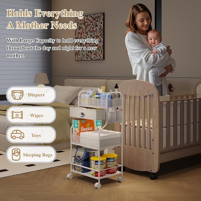 Baby Diaper Caddy Cart Organizer -3 Tier, Bedside Nursery Essentials Organizer & Storage Holder for Newborn Baby Stuff, 2+1 Dividers, 1 Drawer,Rolling Utility Cart for Bedroom,Changing Table, Crib.