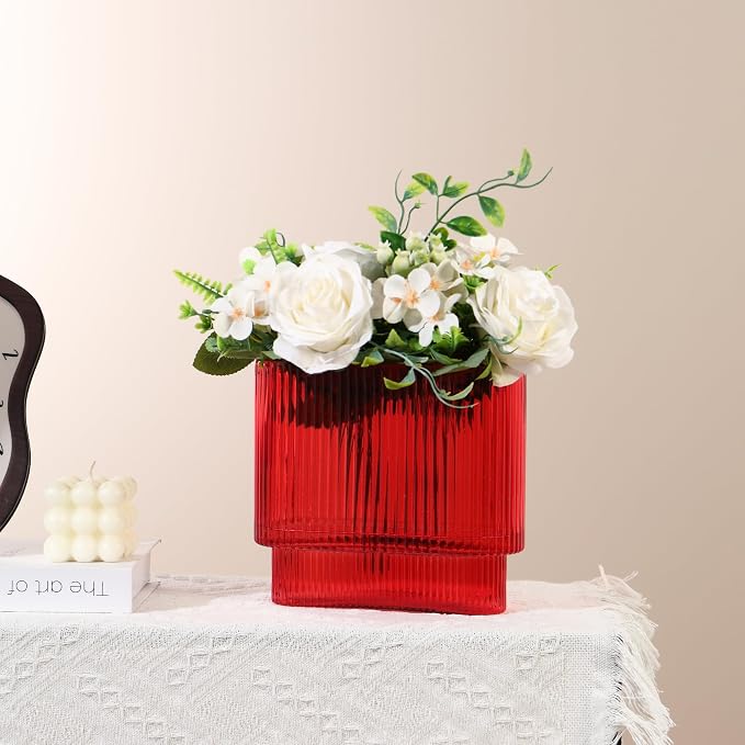 Ribbed Vase, Red Glass Vase for Flowers, Red Flower Vases for Tulips, Modern Vases for Living Room, Dining Table, Office, Bedroom, Mantle, Shelf, Wedding, 7 Inch