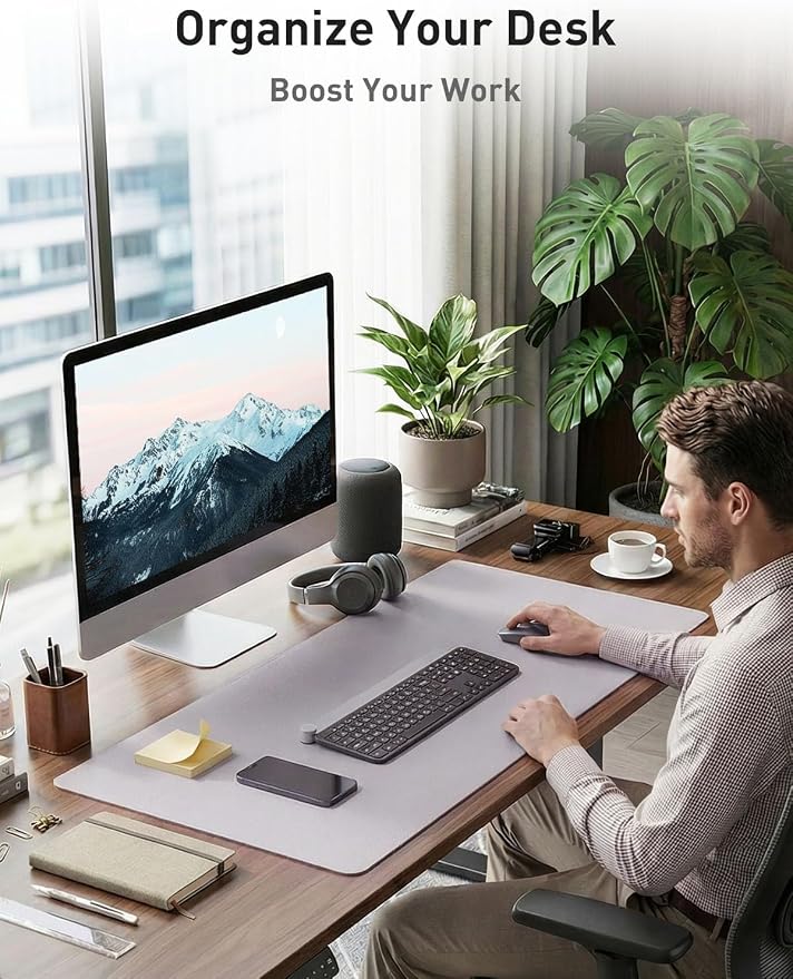 Aothia Faux Leather Desk Mat - Non-Slip PU Leather Desk Blotter, Waterproof Writing Surface, Large Desk Pad for Office & Home (Smoky Lavender, 55" x 17")