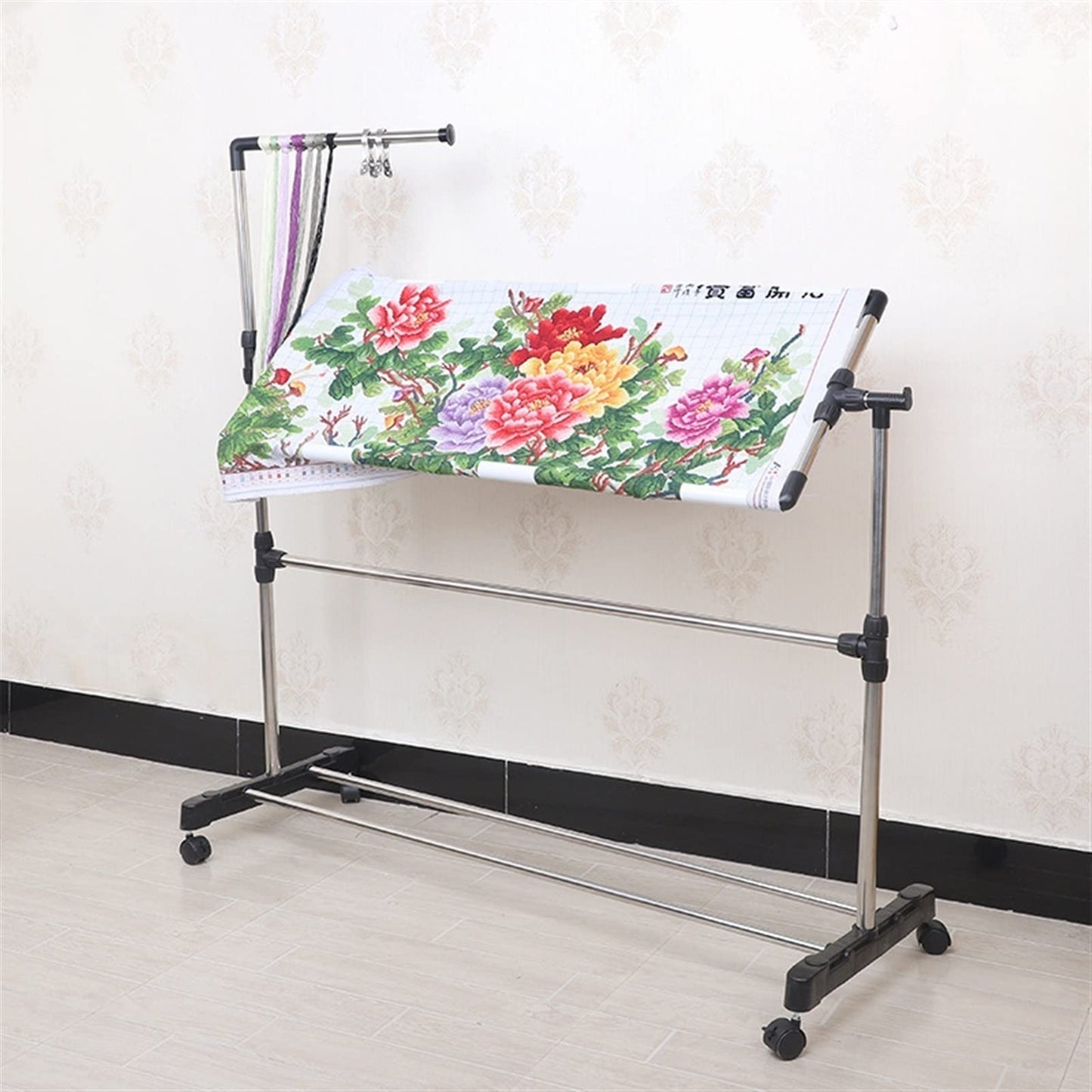 ELUKHT Stainless Steel Adjustable Height Embroidery Stand Cross Stitch Frame,360 Degrees Rotatable Wooden Floor Tabletop Tapestry Frame Craft Stand,Standing Lap Table for Art Craft Sewing Holder (S)