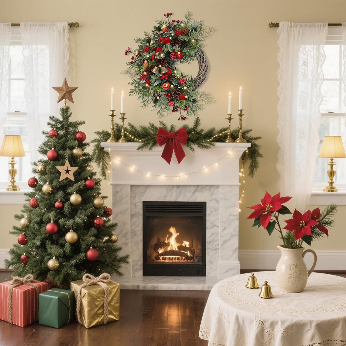 Christmas Wreath for Front Door, Artificial Door Wreaths with LED Lights Bells Berries & Pinecones Christmas Decorations, Xmas Wreaths for Wall Window Fireplace Holiday Home Decor