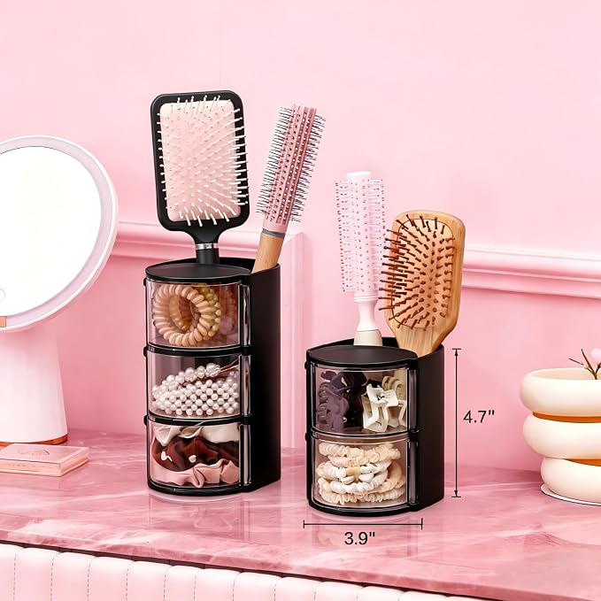 Luscinia Hair Accessories Organizer with Hair Brush Holder, Rotatable Makeup Brush and Jewelry Storage Box for Hair Clips, Earrings, Necklaces, Bracelets, Rings, and Daily Accessories (Black, 2-Layer)