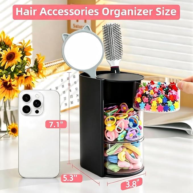 Luscinia Hair Accessories Organizer with Hair Brush Holder, Rotatable Makeup Brush and Jewelry Storage Box for Hair Clips, Earrings, Necklaces, Bracelets, Rings, and Daily Accessories (Black, 3-Layer)