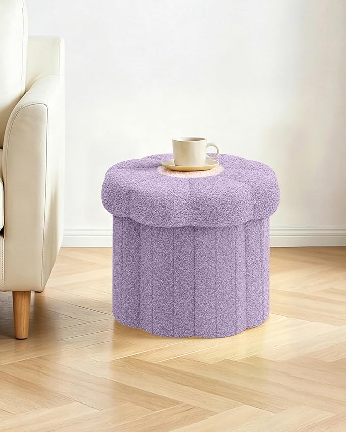 B FSOBEIIALEO Storage Ottoman Foldable, Sunflower Shaped Small Footrest Collapsible Folding Seat Bench for Bedroom Living Room Entryway, Faux Teddy Fur, Purple 12.6"x12.6"x11.4"