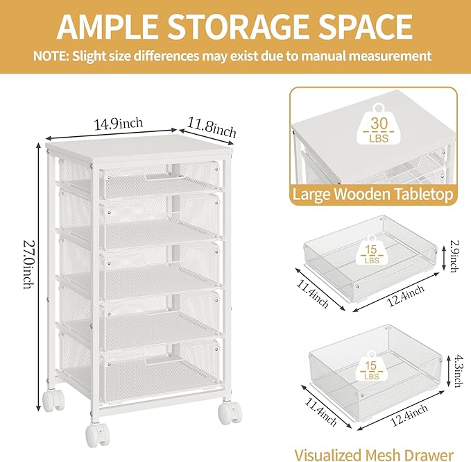 Sbanmao 5 Drawers Rolling Utility Cart, Storage Drawer Cart with Wooden Top, Rolling Storage Cart on Lockable Wheels, Metal Utility Cart & Craft Storage Cart for Bedroom, Classroom, Office, White