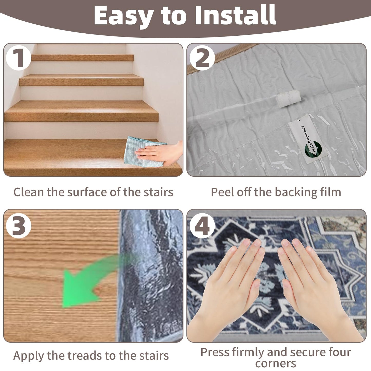 Stair Treads Non Slip 15 Pack 8" X 30" Stair Treads for Wooden Steps, Washable Self Adhesive Stair Runners Stain Resistant Stair Carpet, Edging Staircase for Kids Elders and Dogs (Style 2)