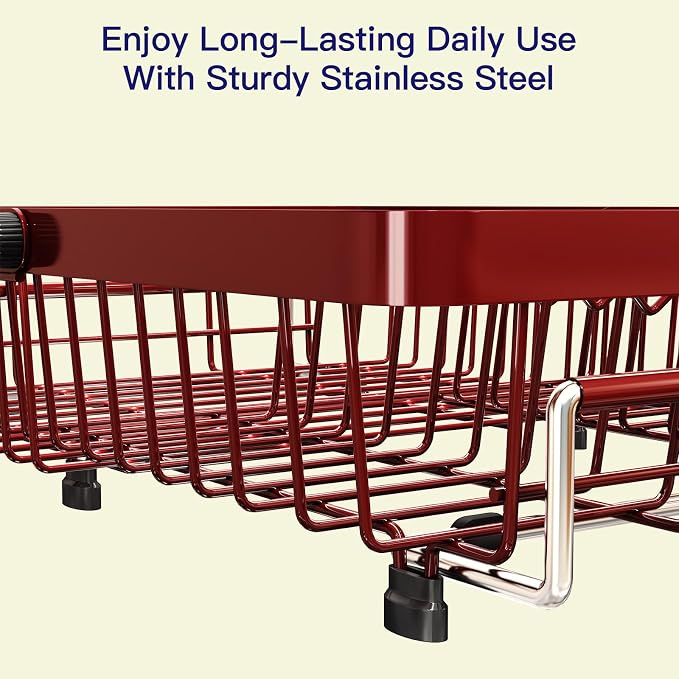 MAJALiS Red Dish Drying Rack Over The Sink, Expandable Stainless Steel Dish Drainer for Small Kitchen Counter Space Saving, RV Compact Plate Strainer in Metal with Hanging Adjustable Utensil Holder