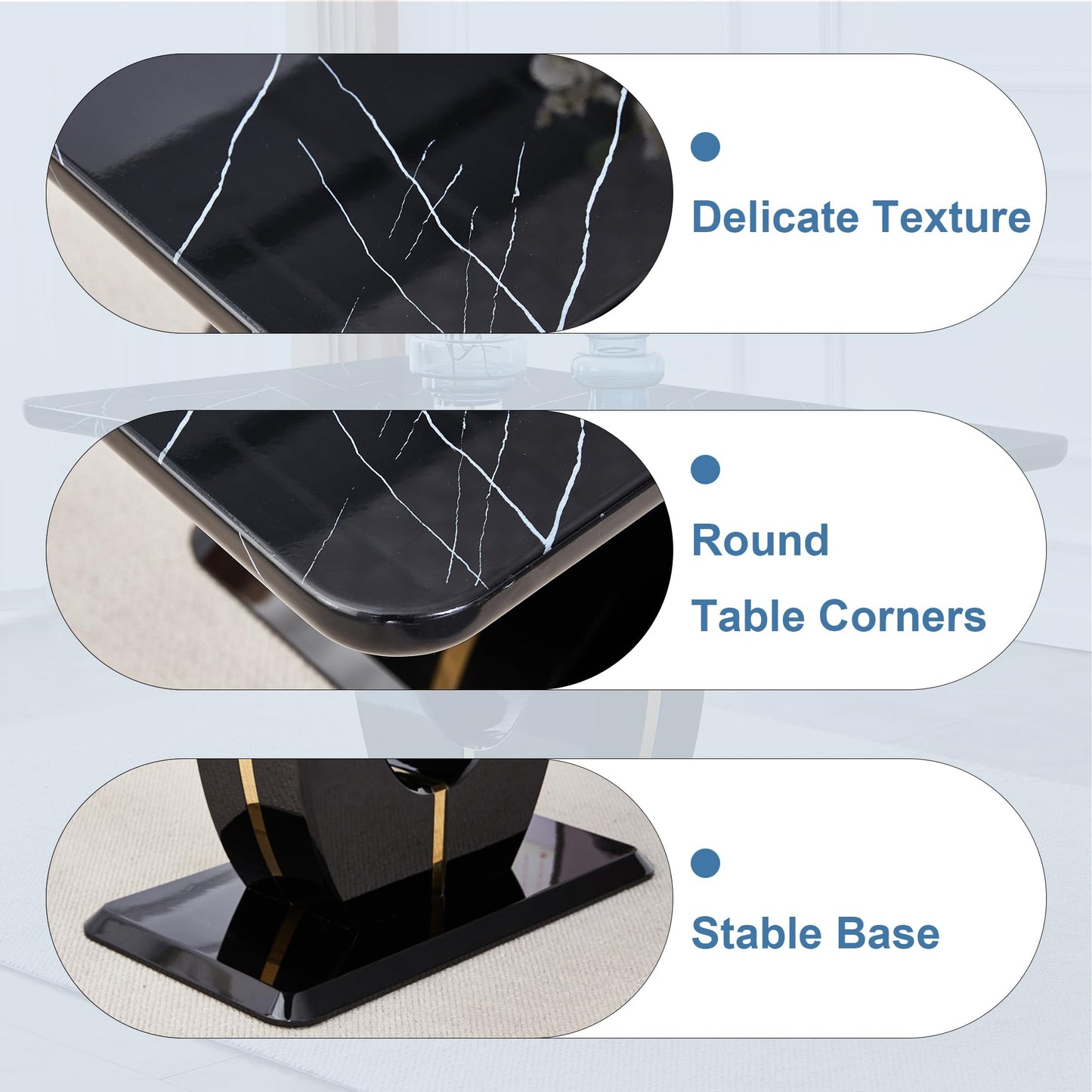 JUFU 63" Black Marble-Look Dining Table for 6, Modern Rectangular Kitchen & Dining Room Table, Glossy Faux Marble Finish Top, Pedestal Base, Easy Assembly