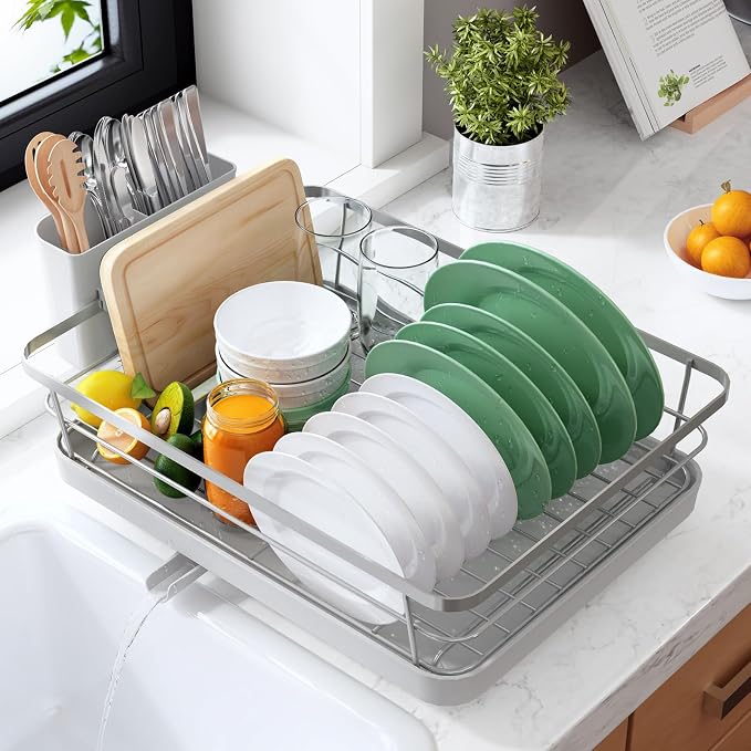 Kitsure Dish Drying Rack for Kitchen Counter, Stainless Steel Sink Organization and Storage Essentials with Cutlery Holder, Home and Appartment Decor, 12''W x 15.5''L, Silver Grey