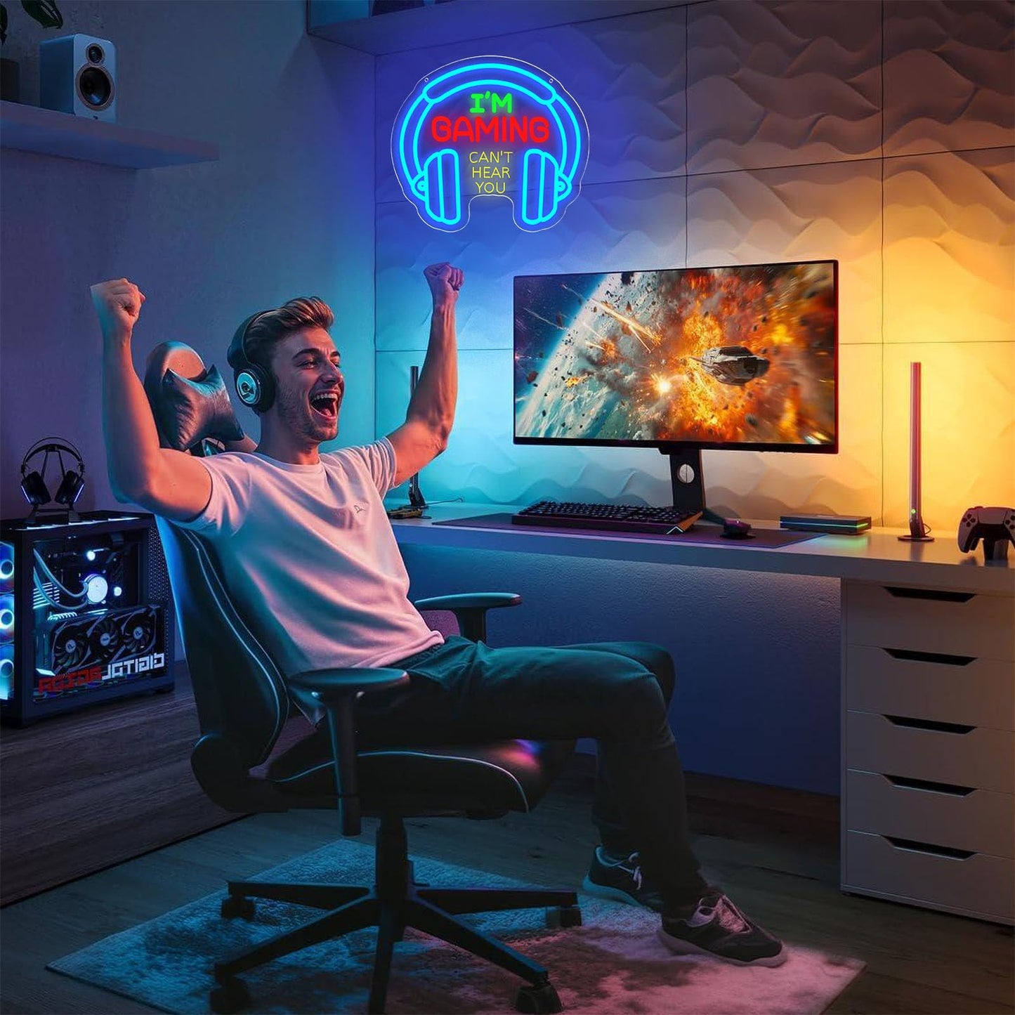 Gaming Neon Sign for Boys Room, Dimmable LED Game Room Neon Lights, USB Powered "I'M GAMING CAN'T HEAR YOU" Headset Neon Sign, Gamer Gifts for Men Teenager, Wall Decor for Game Zone Video Room Bedroom