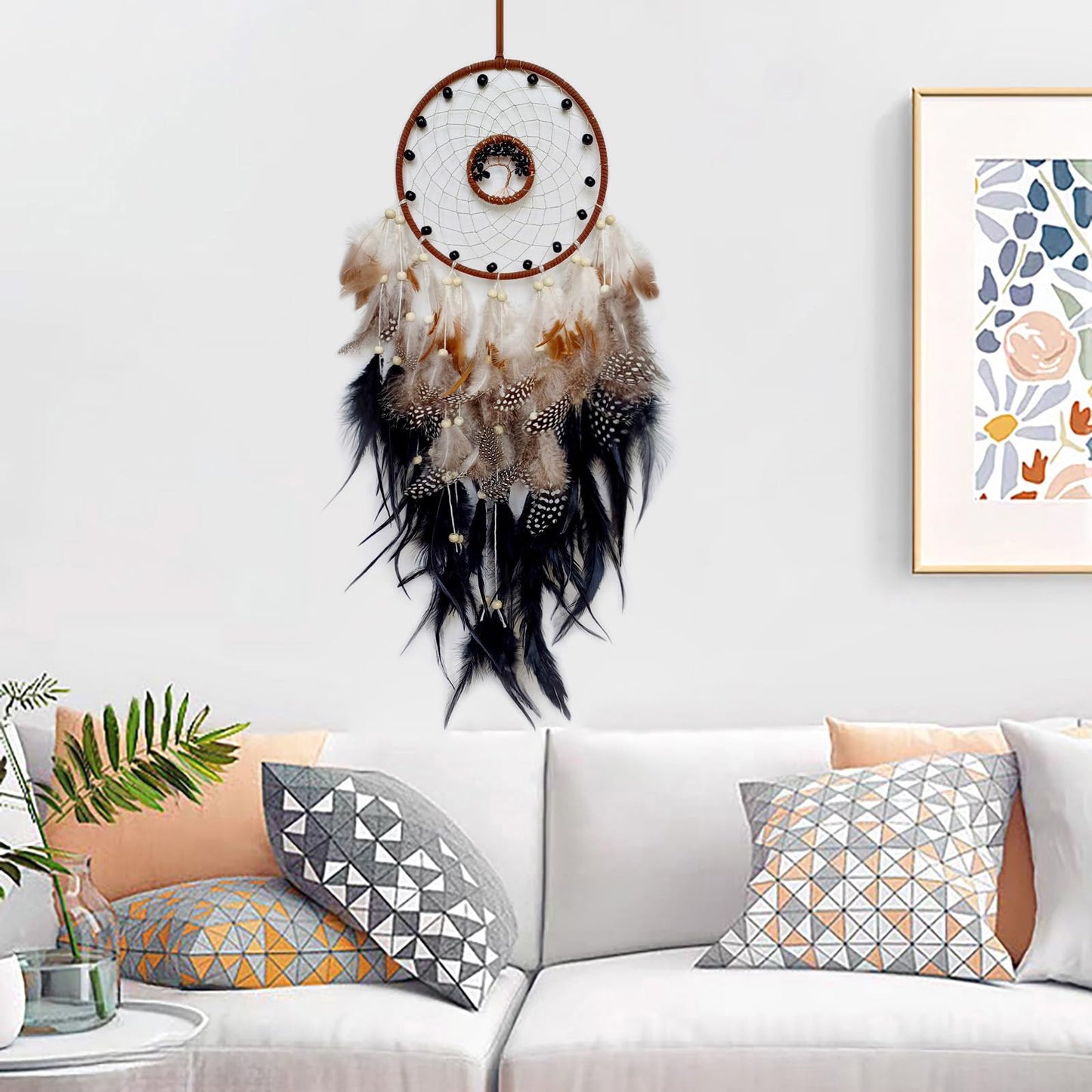 SOYUZU Black Dream Catcher Wall Decor Crystal Tree of Life Dream Catchers Handmade Feather Dreamcatcher Wall Hanging Ornament for Bedroom Living Room Home Decor