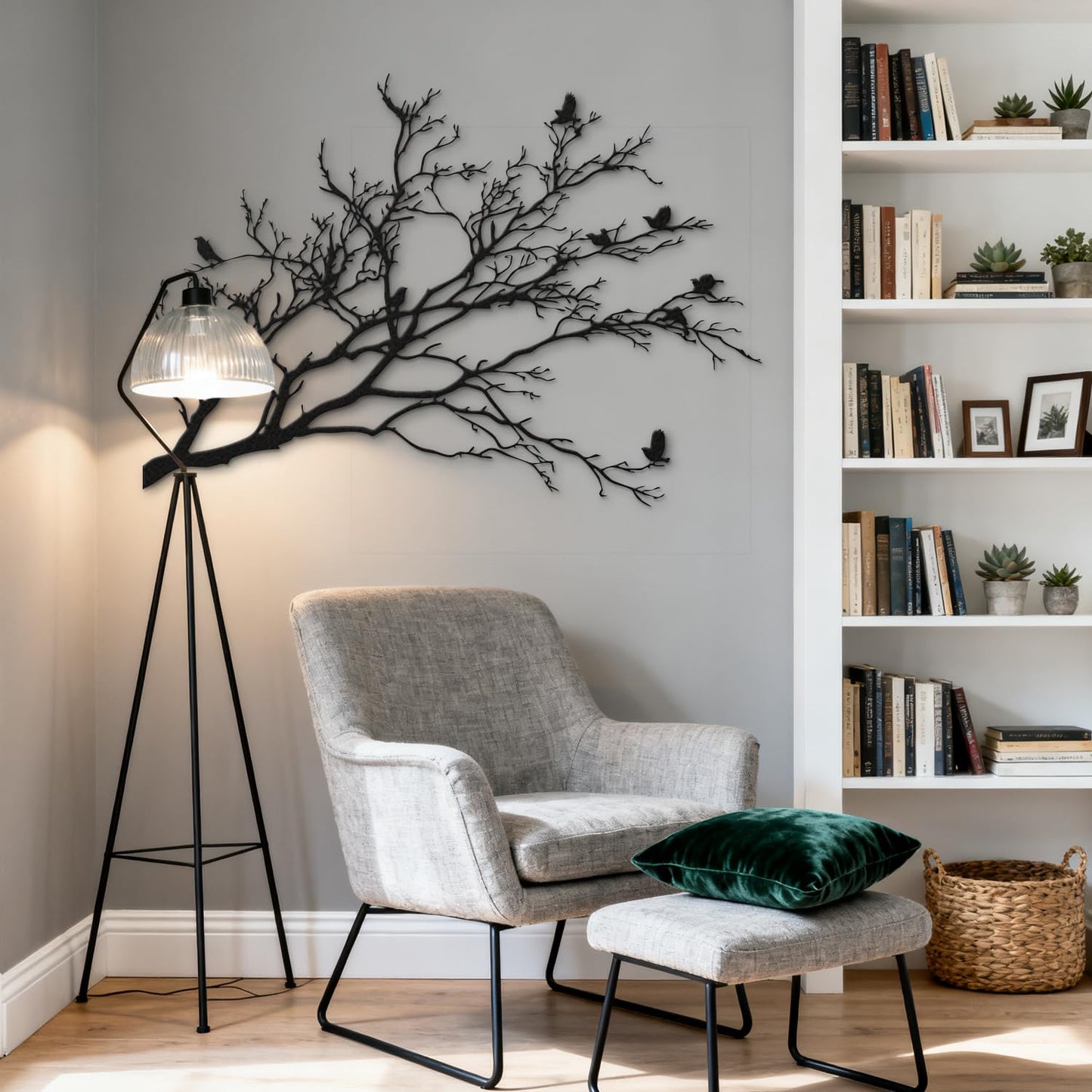 XXQ Branch and Birds Metal Wall Art – Flying Birds on Tree Branch Silhouette, Black & White Finishes, Nature Inspired Wall Decor for Living Room, Bedroom, or Hallway (White, 31" x 22" / 80 x 56 cm)