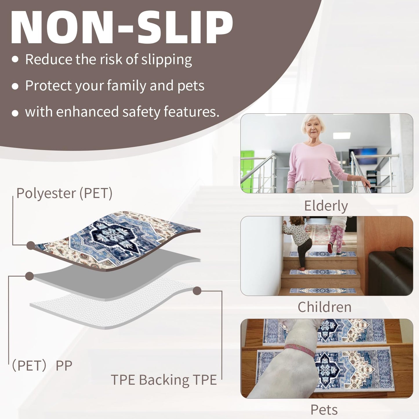 Stair Treads Non Slip 15 Pack 8" X 30" Stair Treads for Wooden Steps, Washable Self Adhesive Stair Runners Stain Resistant Stair Carpet, Edging Staircase for Kids Elders and Dogs (Style 2)
