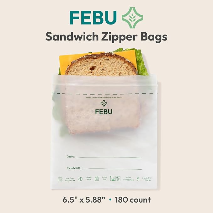 FEBU Sandwich Compostable Food Storage Bags, 180 Count | Certified Home Compostable & Biodegradable | PFAS & BPA Free Zipper Bags | Leak-Proof & Resealable | 6.5"x 5.88”