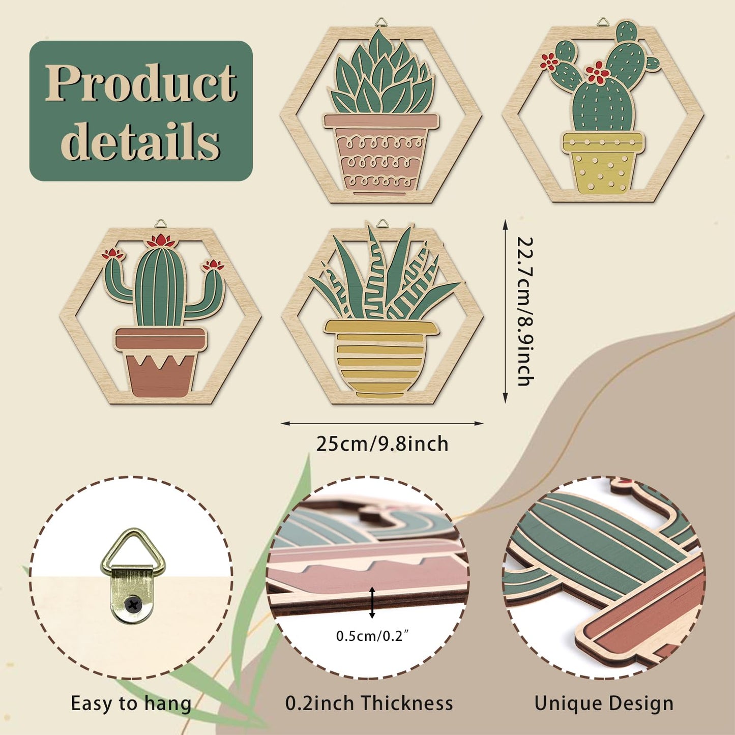 HOURIA 4Pcs Boho Cactus Wall Decor(10”x9”),Rustic Tropical Botanical Floral Wall Art,Hexagon Southwest Succulent Plant Wood Hanging Sign for Farmhouse Toilet Restroom Living Room Office