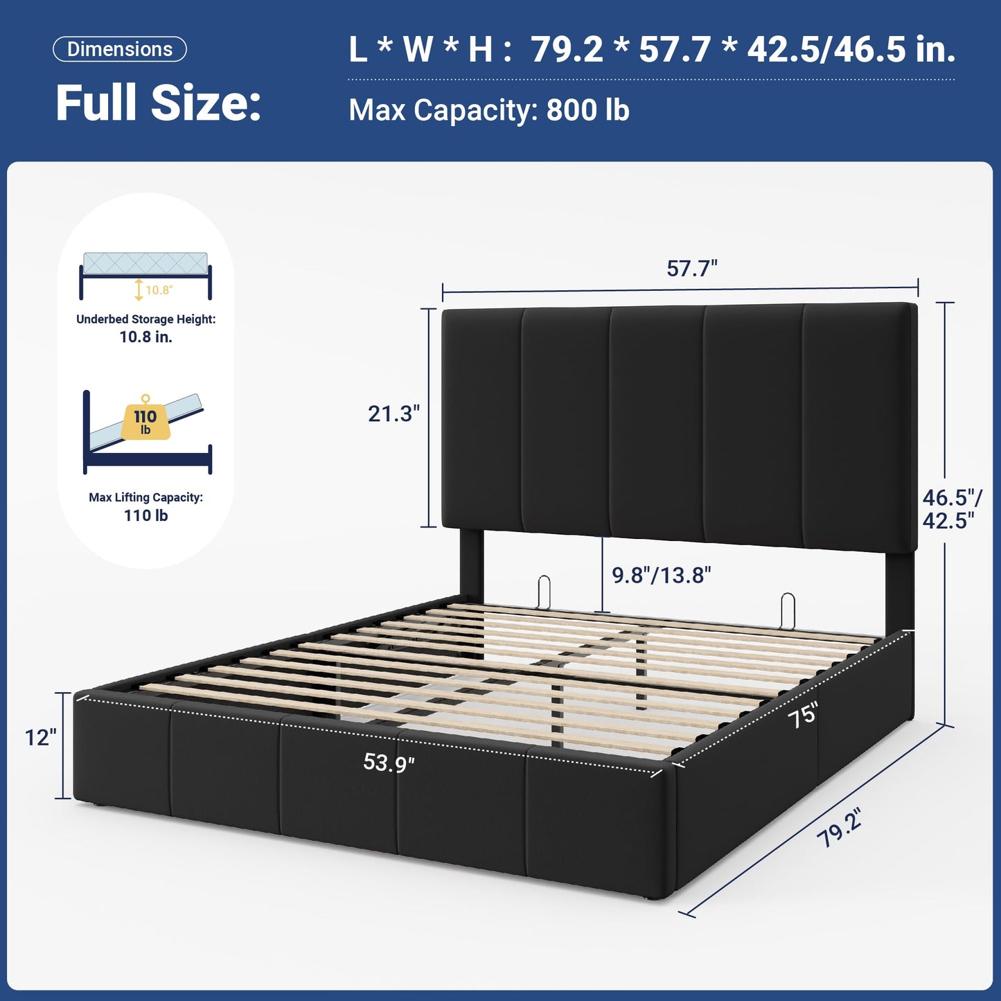 Allewie Full Size Velvet Lift Up Storage Bed Frame, Vertical Channel Tufted Headboard, Hydrualic Underneath Storage, Upholstered Platform Bed, Wooden Slats Support, No Box Spring Needed, Black