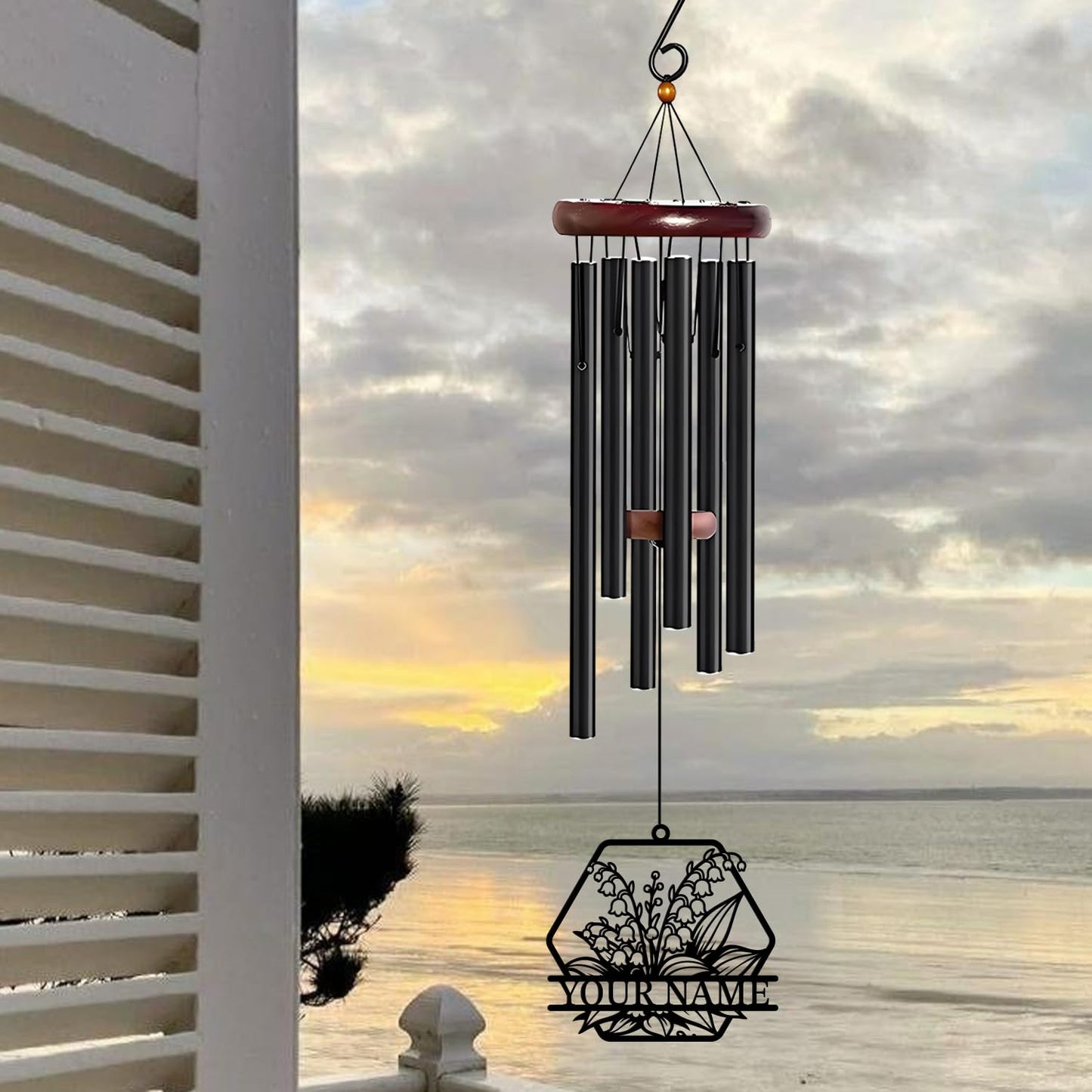 WindWink Personalized Customize Name Lily of The Valley Wind Chime, Metal Iron 37 Inch Outdoor Memorial Gift for Garden Yard Patio Home Florist Decor, Black,Mom Gift (Style G)