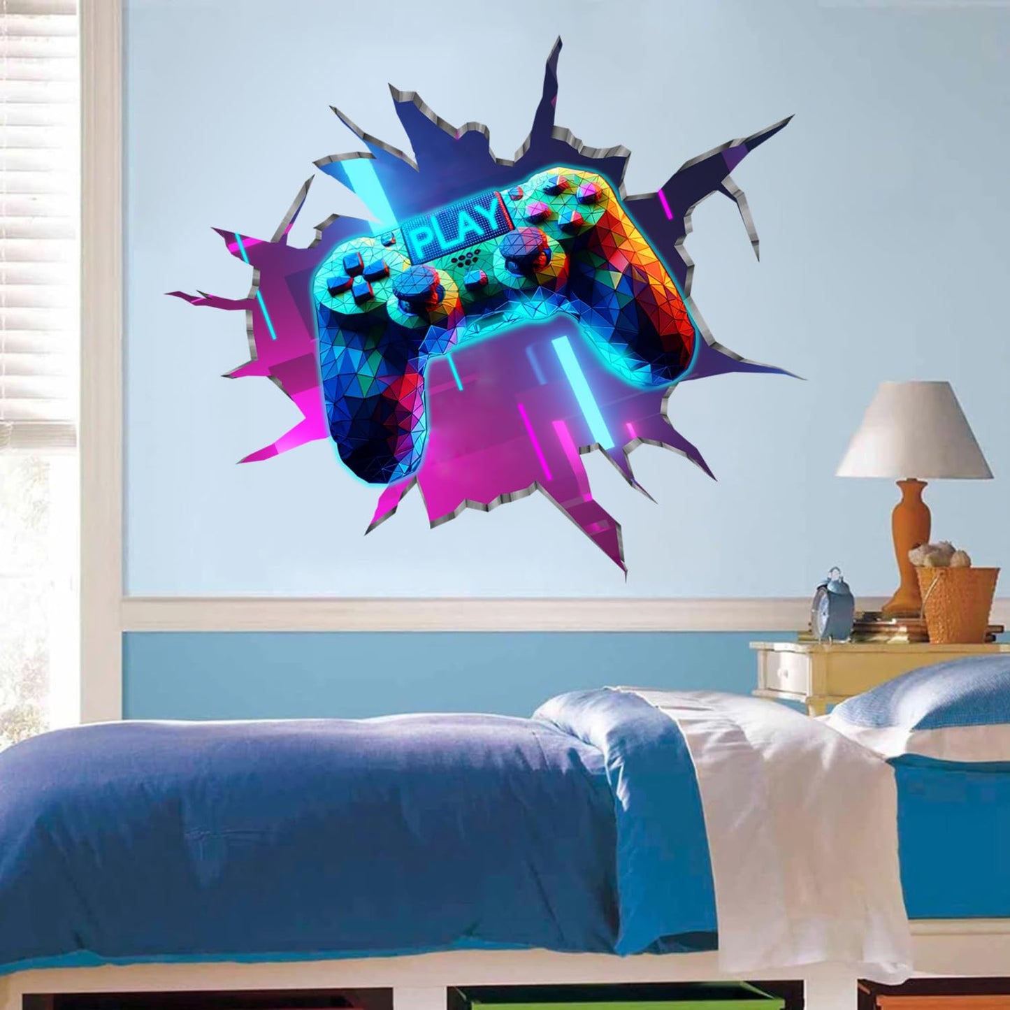 YIMEHDAN Large 3D Game Wall Decals (35.8”x32.4”), Gaming Break Through The Wall Vinyl Wall Stickers for Game Lover, Removable Video Games Artwork for Boys Playroom Bedroom Decor