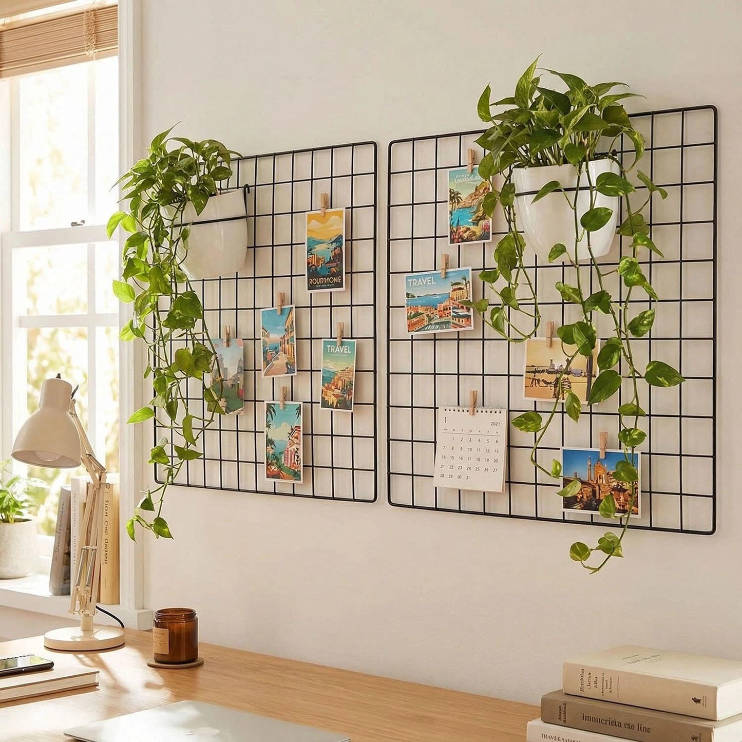 Kaforise Painted Wire Wall Grid Panel, Multifunction Photo Hanging Display and Wall Storage Organizer, Pack of 2, Size:23.6"x 23.6", Square Black