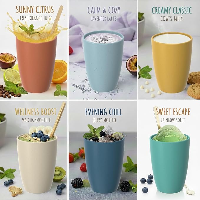 Wheat Straw Cups Set of 6, Unbreakable 20 OZ Reusable Cups, Alternative Plastic Drinking Glasses, Lightweight Tumbler for Kitchen Outdoor, Dishwasher Safe Tumblers & Water Glasses, Multi