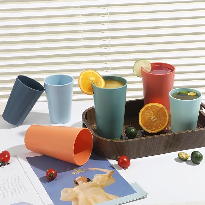 24 Pcs Unbreakable Plastic Cups Set, 14 oz Reusable Plastic Cups, Stackable Water Tumblers, Drinking Cup for Kitchen, Outdoor, BPA-free, Dishwasher Refrigerator and Microwave Safe (14 oz, 6 Colors)