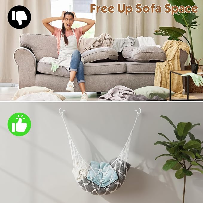 Photect Large Wall Mounted Blanket Organizer Wall Hanging Blanket Holder Plush Net Corner Stuffed Animal Holde Storage Hanging Toy Hammock Organizer for Living Bedroom Huge Capacity