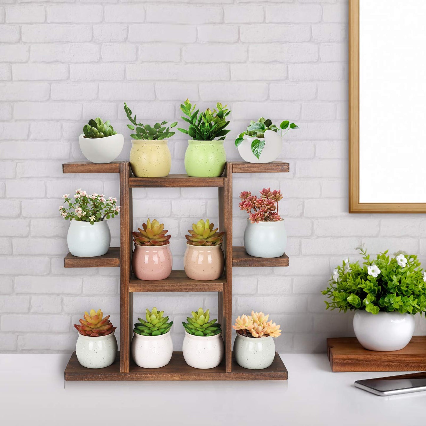 COOGOU Wood Desktop Plant Stand Indoor Small Windowsill Flower Shelf Tabletop Plant Shelf Holder Display Rack for Succulent Herb in Living Room Office 9 Tiers