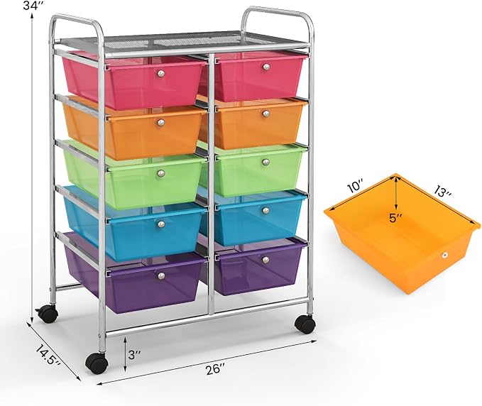 Giantex 10 Drawers Rolling Cart, Classroom Organizers, Storage Cart with Wheels, for Teacher Office Home School Supplies Tool Craft Art Paper