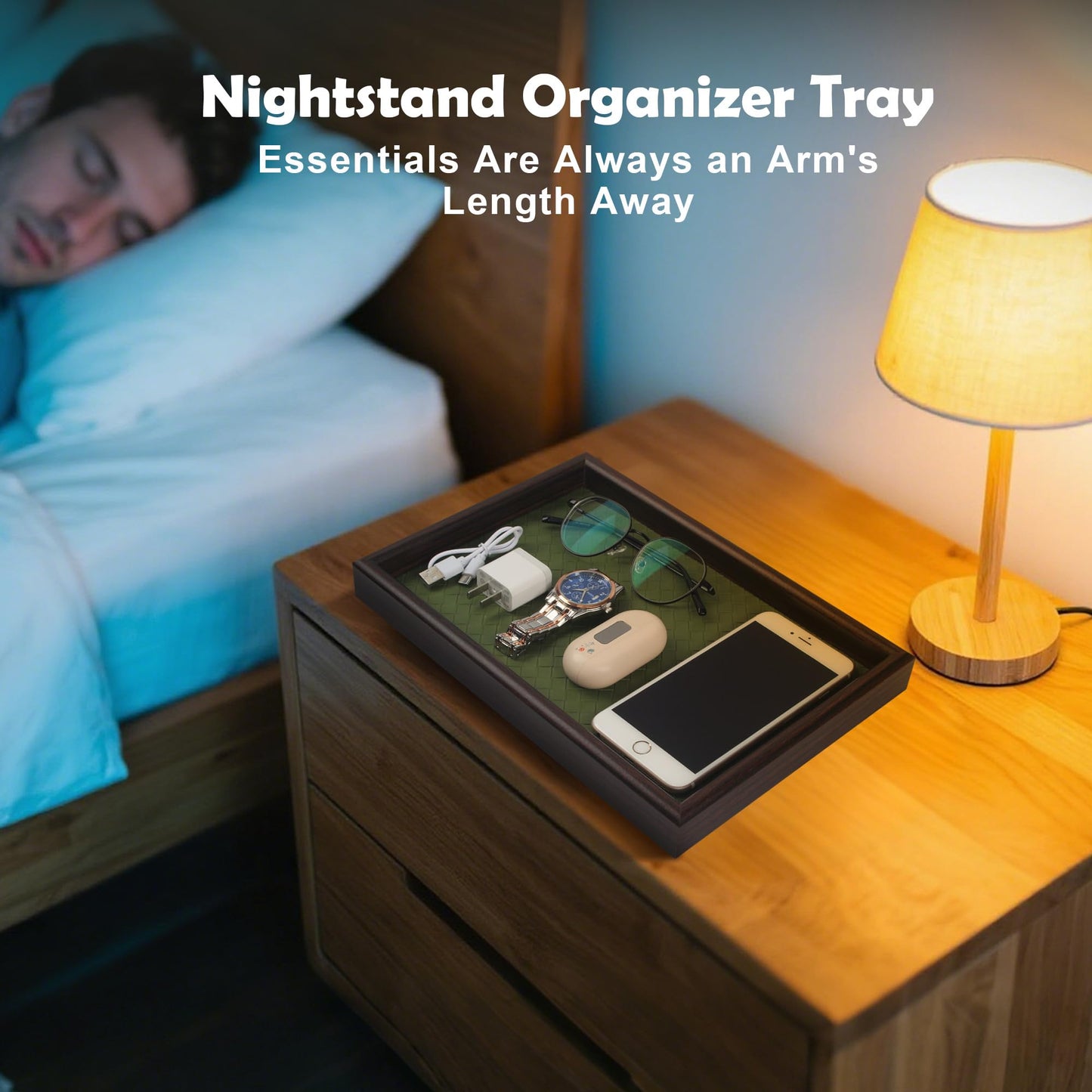 Zosenley Wooden Valet Tray with Leather Base - Nightstand Catchall Organizer for Cologne, Perfume, Keys, Wallet, Phone, Watch, Jewelry & Sunglasses (Green)