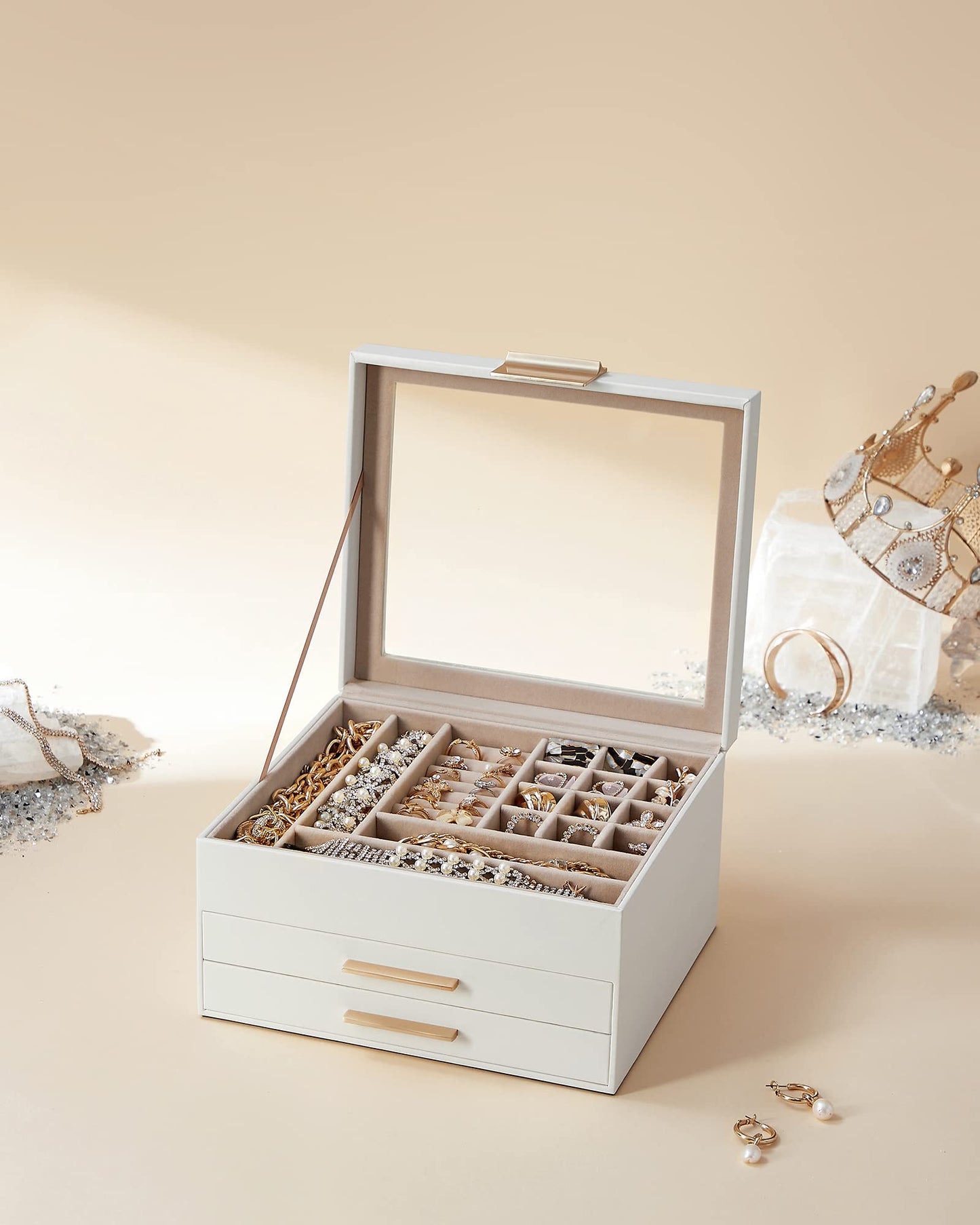 SONGMICS GISELLA Collection - Jewelry Box Organizer, 3-Layer Jewelry Storage with 2 Drawers, Shiny Metal Hardware, Glass Lid, Modern, 8 x 9.1 x 5.3 Inches, Cloud White and Gold Color UJBC239WT