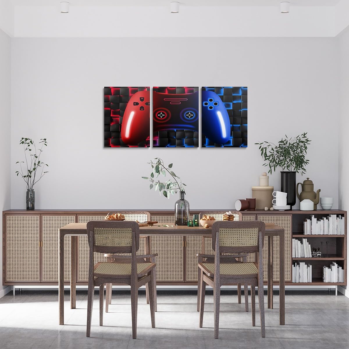 Erosebridal Gaming 3 Piece Wall Decor For Boys Bedroom 3D Gamer Geometric Wall Art 12"X16" Video Game Pictures Poster Prints Gamepad Neon Red Blue Black Wall Decor Artwork For Office Playroom