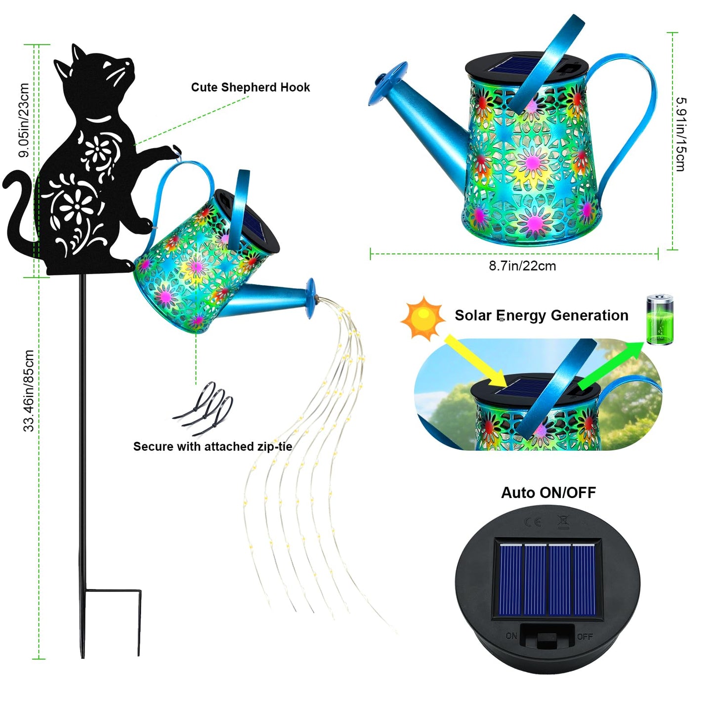 yulloyello Black Cat Solar Watering Can Lights, Birthday Gifts for Women Mom Christmas, Yard Decorations Outdoor Waterproof, Blue Metal Hanging Lantern Solar Lights Garden Decor Patio Pathway, 2 Pack