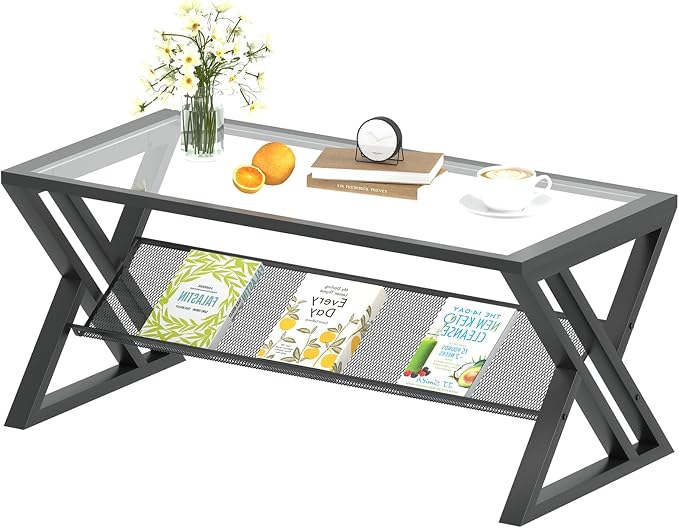 Wolawu Glass Coffee Table Living Room Table with Storage Shelf, Black Glass Table Simple Modern Rectangular Tables with Sturdy Black Metal Frame,Industrial Glass Coffee Table for Bedroom Home Office