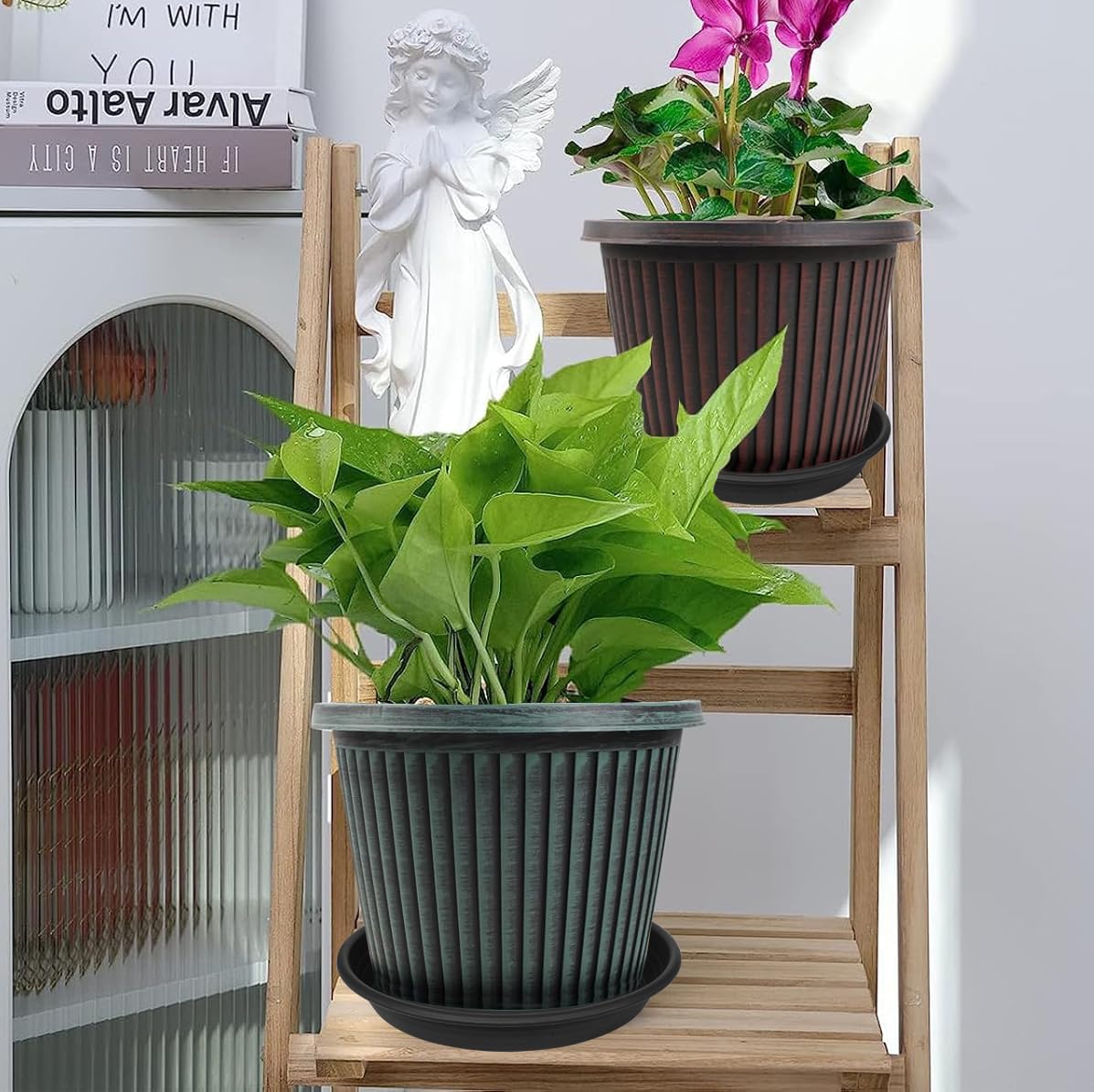 Grjoprt 6 Pack Plant Saucer 8 inch, Heavy Duty Plastic Plant Water Tray, Planter Saucers, Flower Pot Tray, Planter Tray, Bird Bath Bowls, Water Trays for Plant Pots 7"/8" (Black)