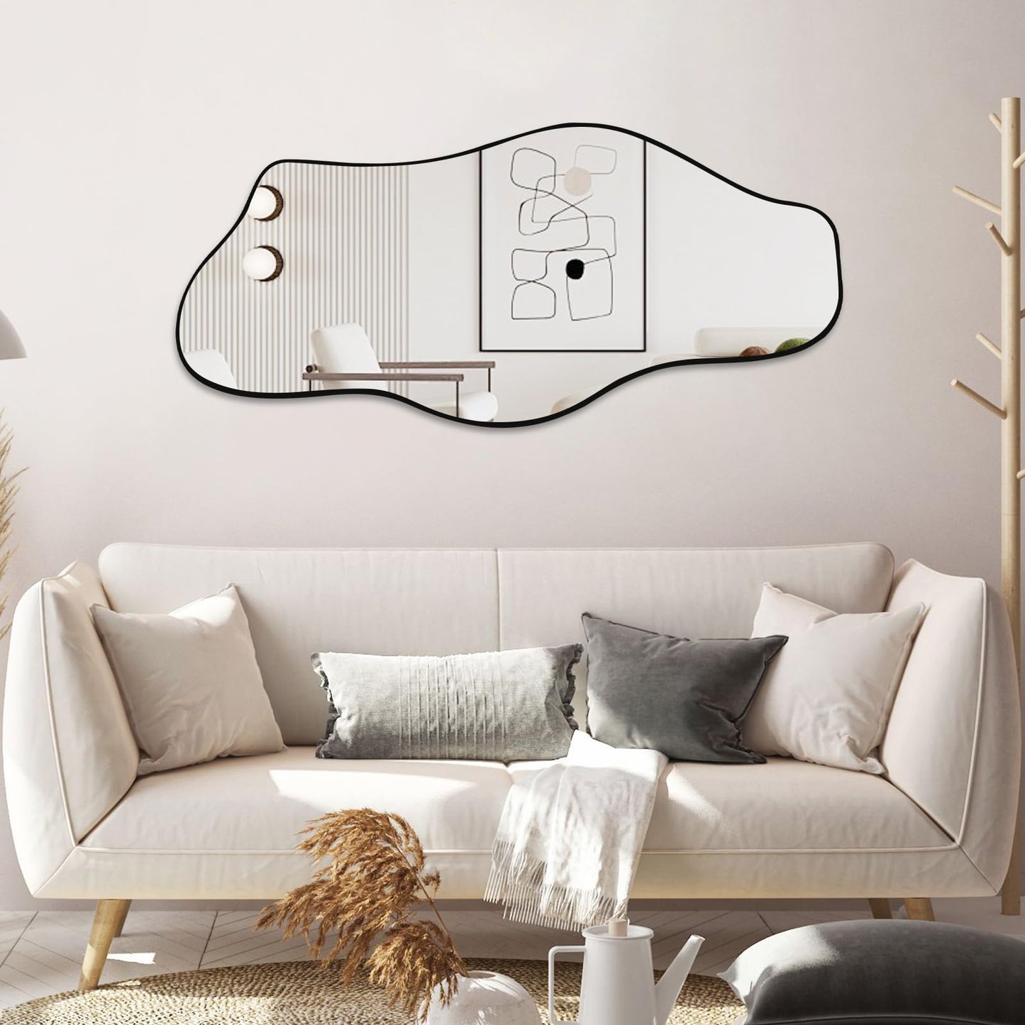 Jesmaikor Large Irregular Wall Mirror, 47.2"x21", Black Asymmetrical Modern Oblong Wavy Cloud Mirror for Living Room, Bathroom, Entryway, Dining Room