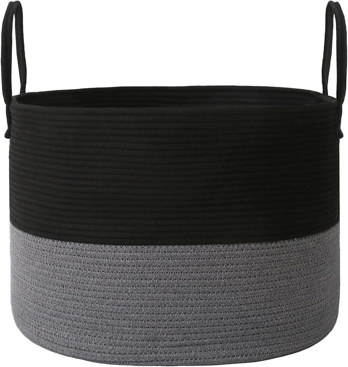 JMvicyroam 115L Extra Large Blanket Basket for Living Room - Woven Cotton Rope Laundry Hamper with Reinforced Handles - Storage Bin for Pillows, Comforters & Toys - Machine Washable, Black&Grey