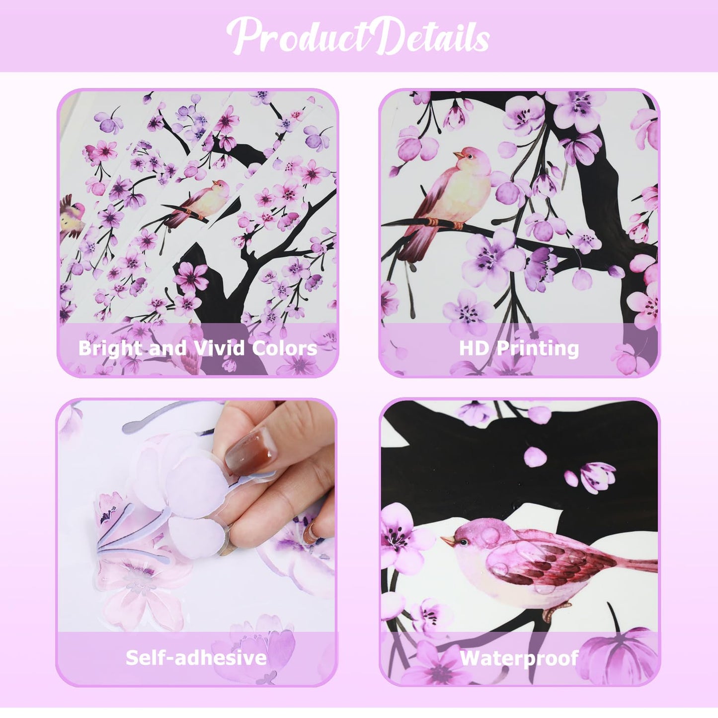 Lilac Wall Decoration Large Cherry Blossom Tree Wall Stickers, 4 Sheets Spring Purple Flower Bird Wall Decals Peel and Stick Wall Murals Decor for Living Room Bedroom (Purple, 11.8 * 35.4inch)