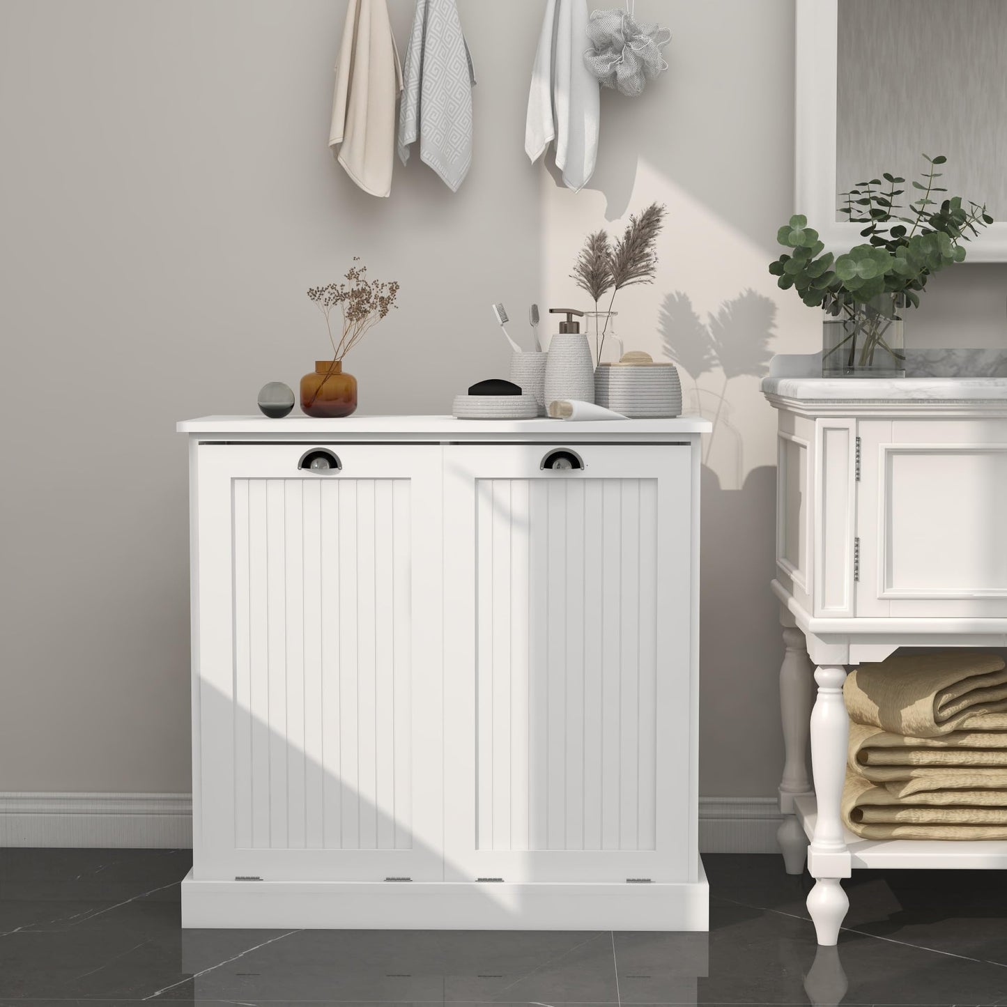 Contemporary Storage Cabinet, Two-Compartment Tilt-Out Laundry Sorter Cabinet, for Bathroom Hallway,for The Kitchen