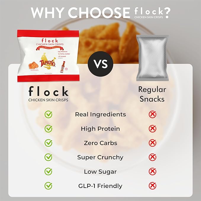 Flock Keto Chicken Skin Chips – Tapatio Flavor, Low Carb, High Protein, Gluten-Free Chicken Crisps, Keto Snack, Low Carb Chips, Protein Crackers, Diet Snacks, 8-Pack (1oz)