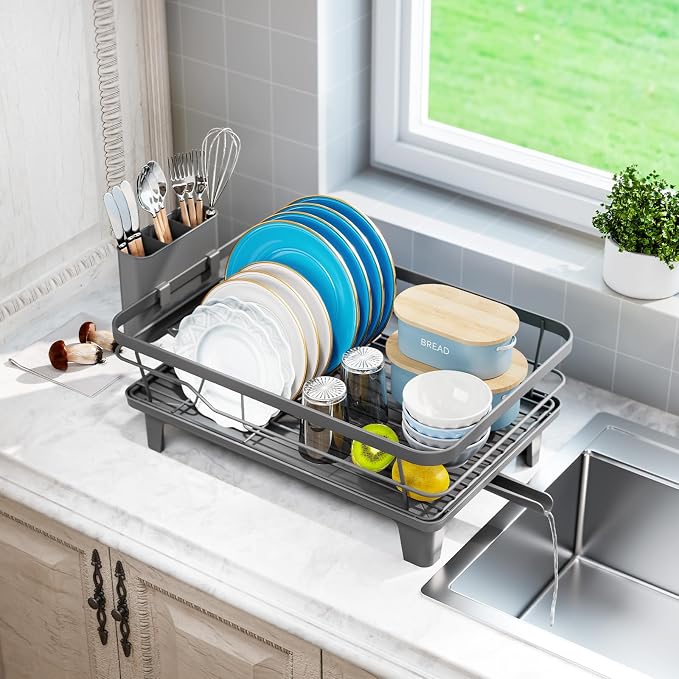 Urackify Dish Drying Rack for Kitchen Counter, Sink Dish Rack with Drainboard 12.2" W x 16.5" L, Large Dish Drainer with Cutlery Holder, Home Countertop Plate Dryer Storage Rack, Gray