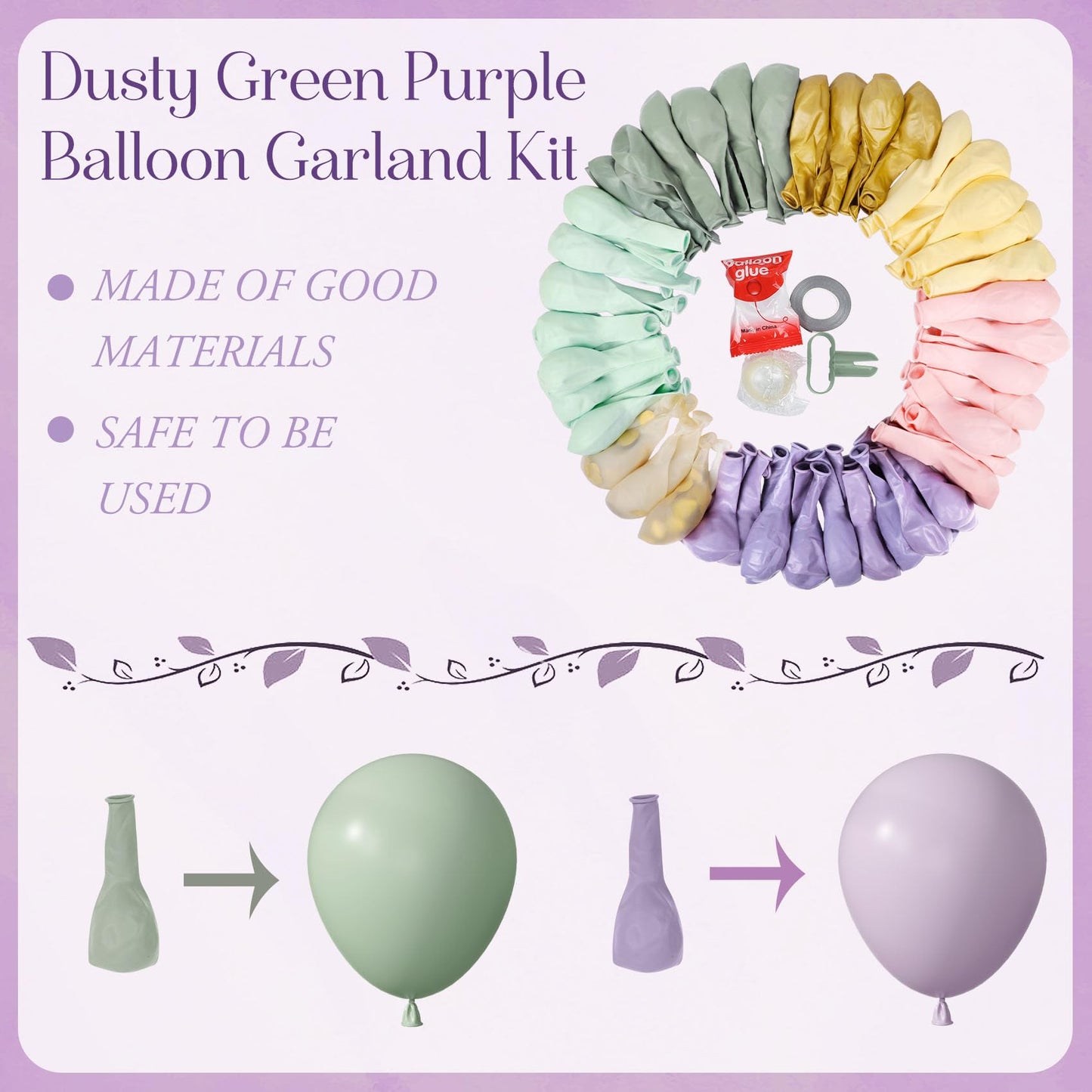 Amandir 173Pcs Dusty Green Purple Pink Balloon Arch Garland Kit, Lavender Pastel Blush Pink Yellow Mist Green Gold Confetti Balloons for Easter Shower Wedding Tea Wildflower Birthday Party Decorations