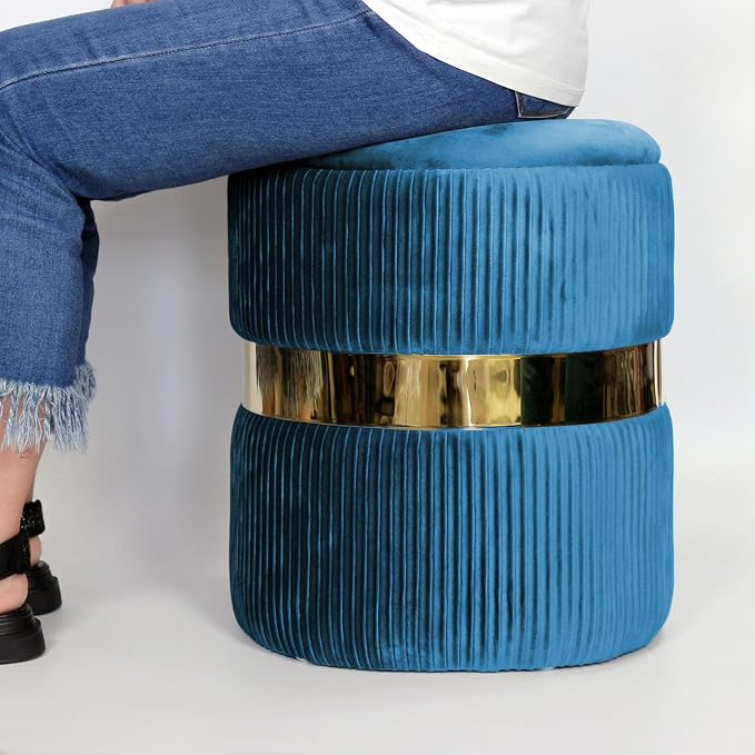 YYW HOME Blue Round Ottoman with Storage Set of 2 Vanity Stool Foot Rest with Removable Lid Blue Velvet Storage Ottoman Stool for Living Room and Dorm (Gold and Blue)