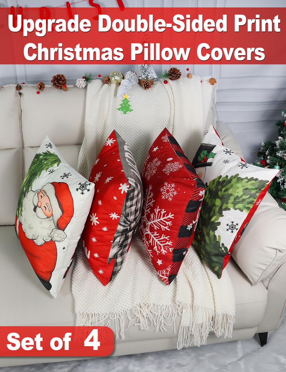 multiwins Christmas Decorations Set of 4 Double-Sided Print Christmas Pillow Covers 18" x 18", with 8 Cute Patterns, Throw Pillow Covers Perfect for Home Christmas Decor