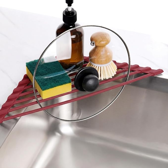 Tomorotec Small Triangle Roll-Up Dish Drying Rack with Silicone Coating Stainless Steel Frame for Sink Corners, Multipurpose Over-The-Sink Kitchen Drainer & Organizer for Space-Saving Storage-Wine red