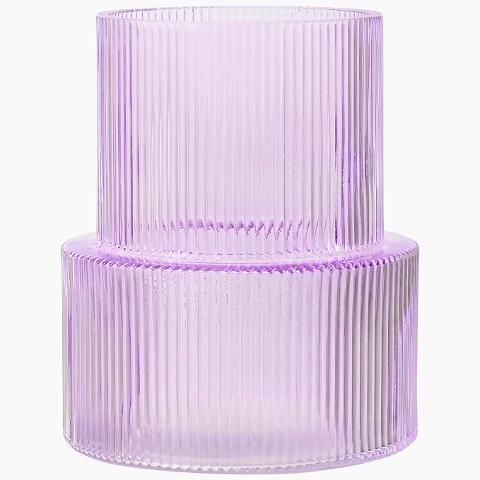 Ribbed Glass Vase, Flower Vase, Fluted Purple Vases for Flowers, Modern Vases for Living Room, Dining Table, Entryway, Shelf, Wedding, Office, Coffee Table, Birthday, 7.5 Inches