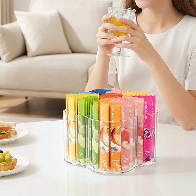 Drink Packet Organizer for Powdered Drink Mix, Divided Rotating Lazy Susan for Powder Packet, Clear Turntable Organizer Tray for Water Flavor Packets, Powder Mixes