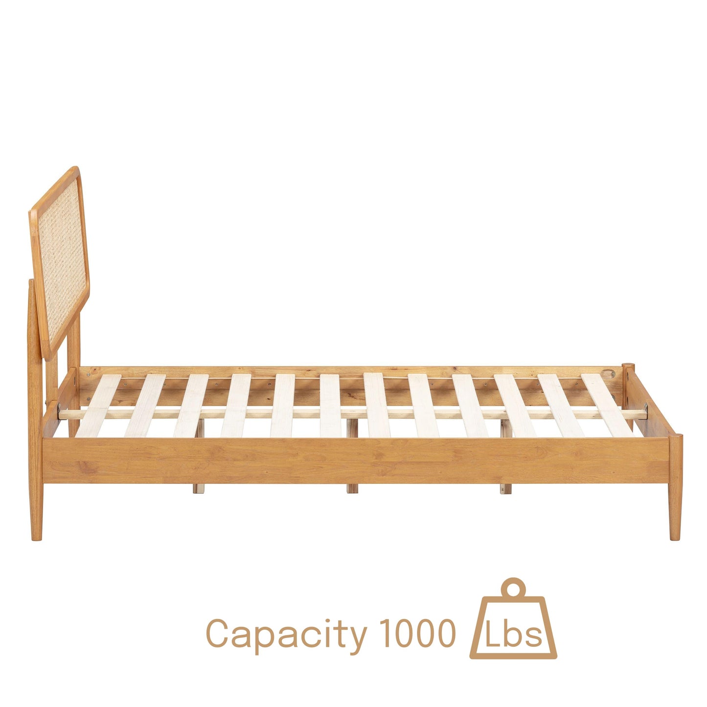 NTC Lupin Wooden Bed Frame with Headboard and Natural Rattan, Solid Oak/Rubber Wood Foundation with Silent Slats, 1000 Lb Capacity, Effortless Assembly (Natural Cane - Rustic Oak, Queen)