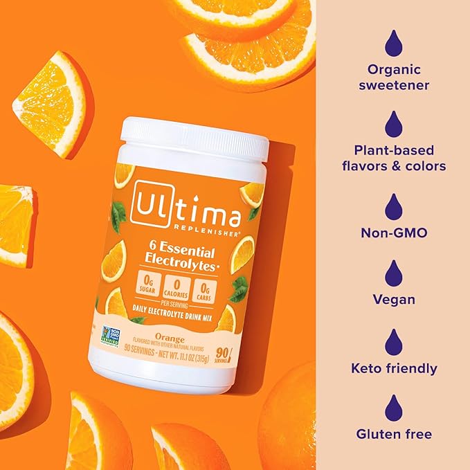 Ultima Replenisher Daily Electrolyte Powder Drink Mix ??Sugar Free ??Orange, 90 Servings ??Hydration Powder with 6 Key Electrolytes and Trace Minerals ??Keto Friendly, Vegan, Non-GMO