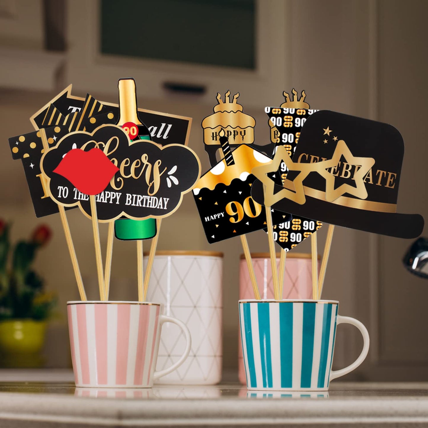 LINGTEER Happy 90th Birthday Party Photo Booth Props,Cheers to 90th Birthday Ninety Years Old Bday Party Centerpieces Props Decorations Sign.